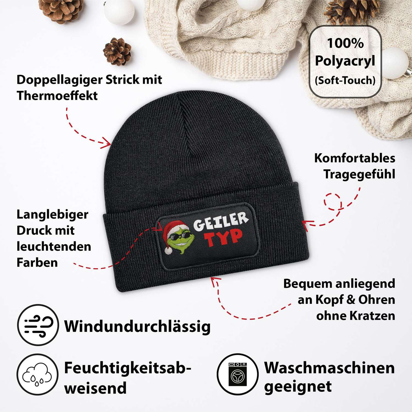 Beanie Mütze - Cooler Grinch - Geiler Typ