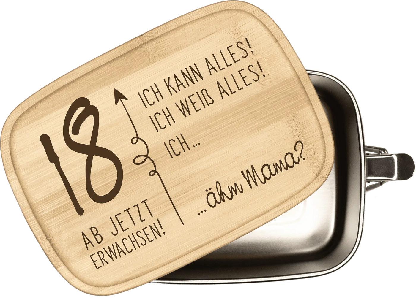 Brotdose - 18 ab jetzt erwachsen! - Edelstahl mit Bambusdeckel