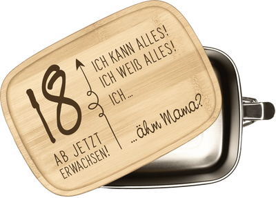 Brotdose - 18 ab jetzt erwachsen! - Edelstahl mit Bambusdeckel