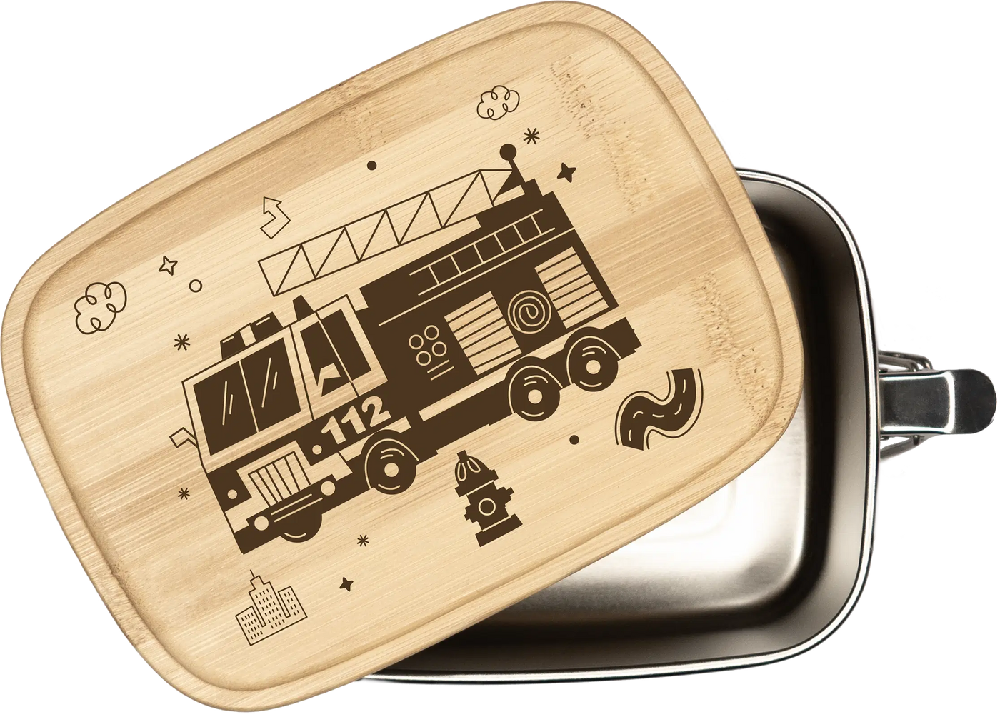 Brotdose - Feuerwehrauto - Edelstahl mit Bambusdeckel