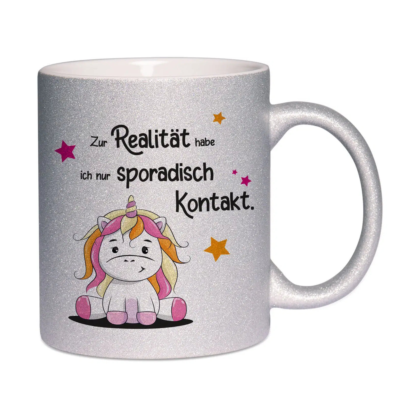 Bild: Glitzertasse - Zur Realität habe ich nur sporadisch Kontakt - silber Geschenkidee