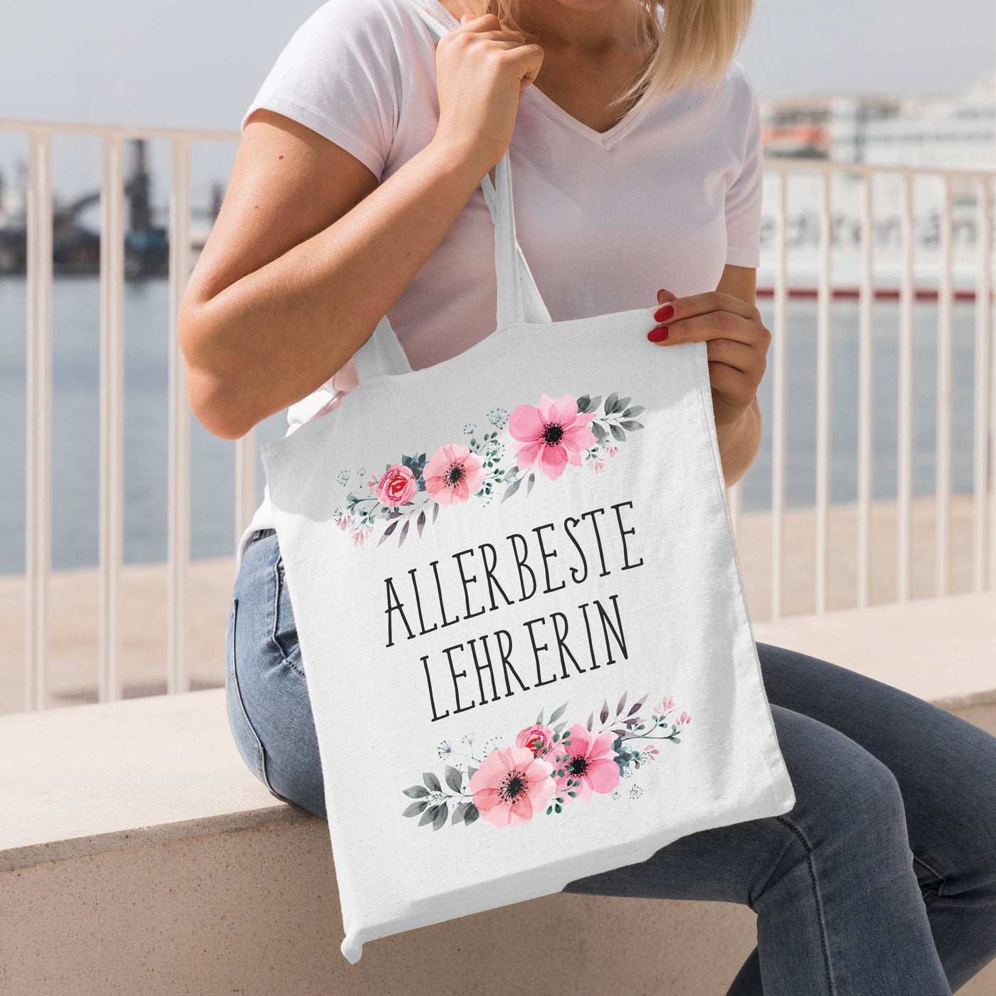 Bild: Baumwolltasche - Allerbeste Lehrerin - blumig Geschenkidee