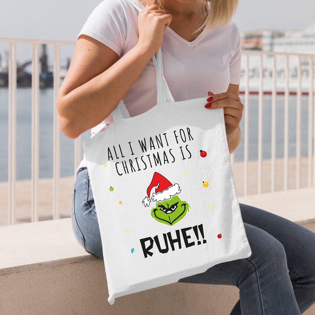 Bild: Baumwolltasche - Grinch - All I want for Christmas is Ruhe! (Gesicht) Geschenkidee