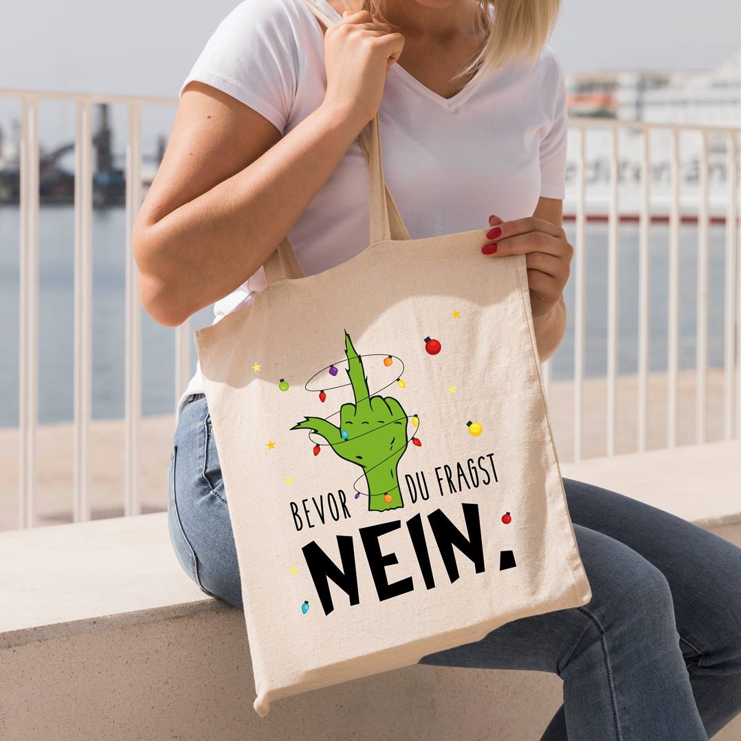 Bild: Baumwolltasche - Grinch - Bevor du fragst NEIN. (Mittelfinger) Geschenkidee