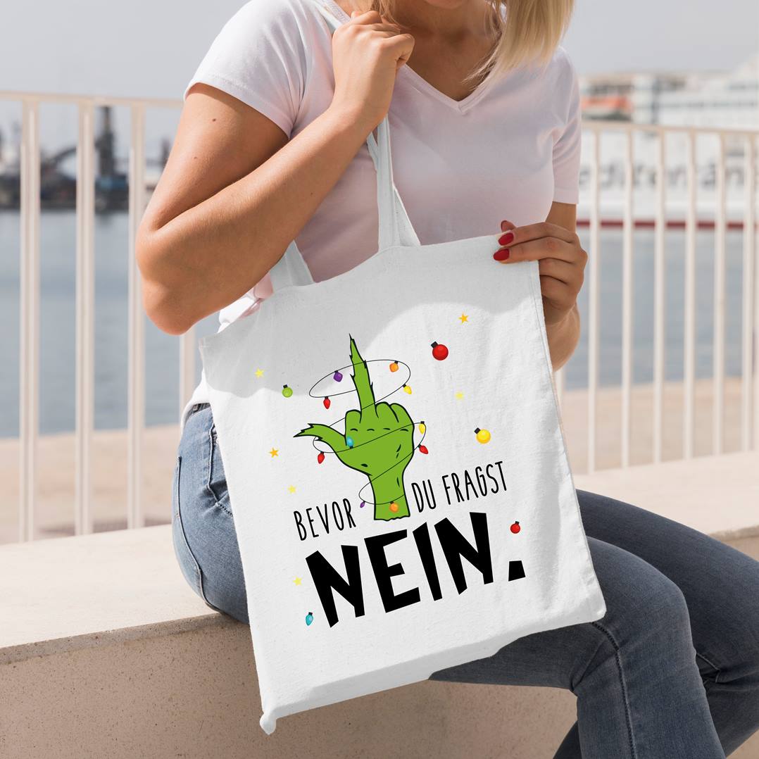 Bild: Baumwolltasche - Grinch - Bevor du fragst NEIN. (Mittelfinger) Geschenkidee