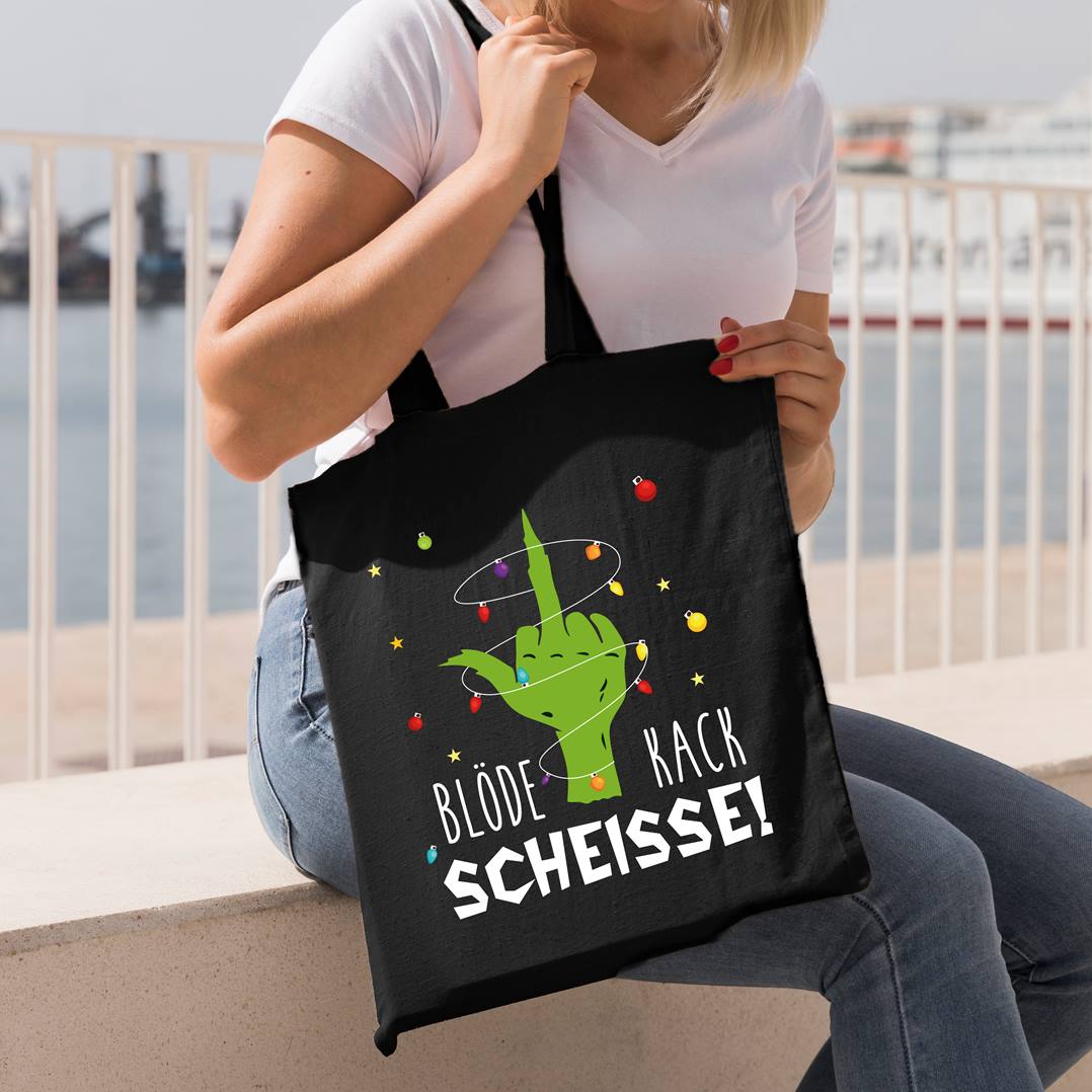 Bild: Baumwolltasche - Grinch - Blöde Kackscheisse! (Mittelfinger) Geschenkidee