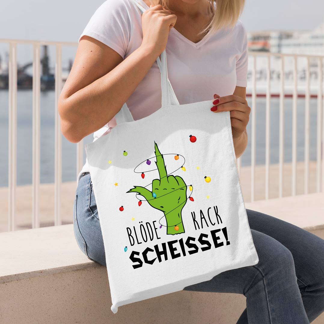 Bild: Baumwolltasche - Grinch - Blöde Kackscheisse! (Mittelfinger) Geschenkidee