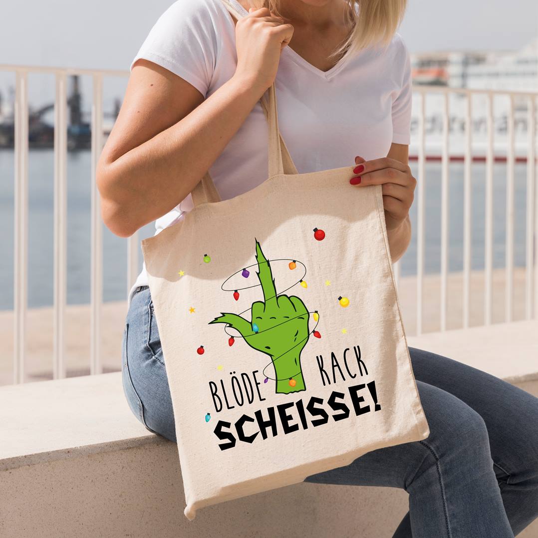 Bild: Baumwolltasche - Grinch - Blöde Kackscheisse! (Mittelfinger) Geschenkidee