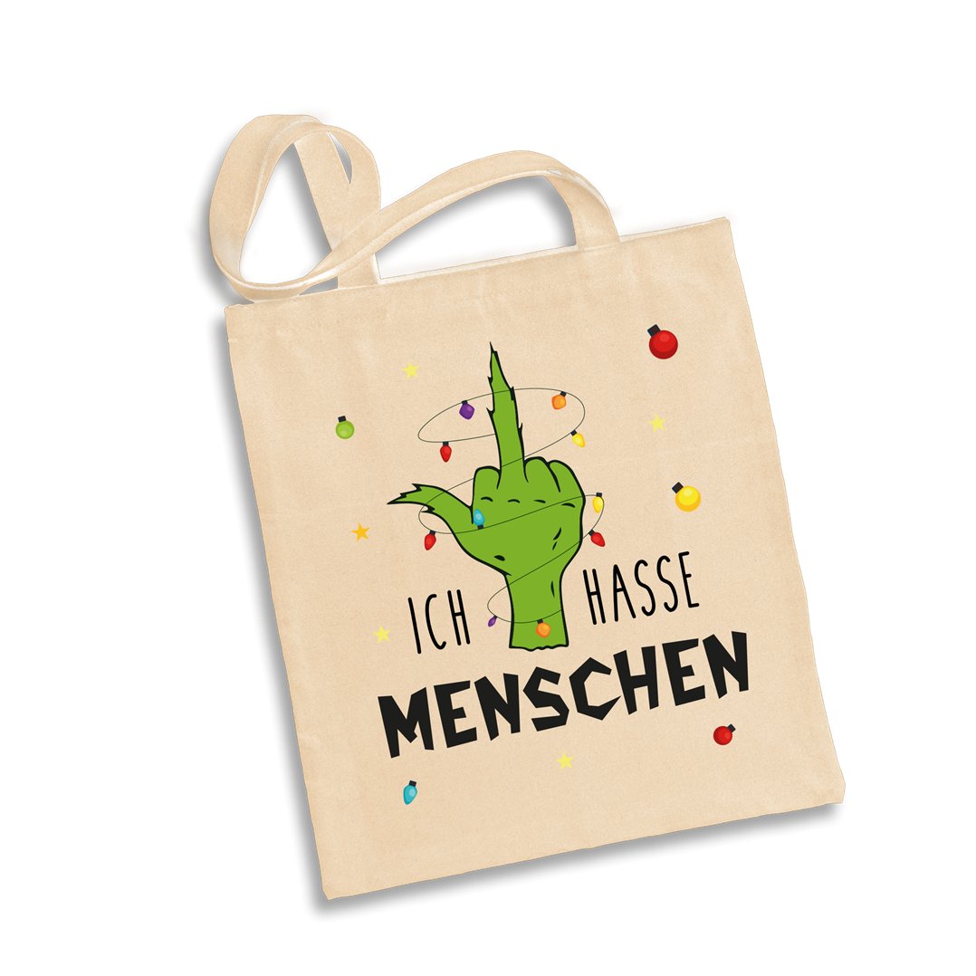 Bild: Baumwolltasche - Grinch - Ich hasse Menschen (Mittelfinger) Geschenkidee