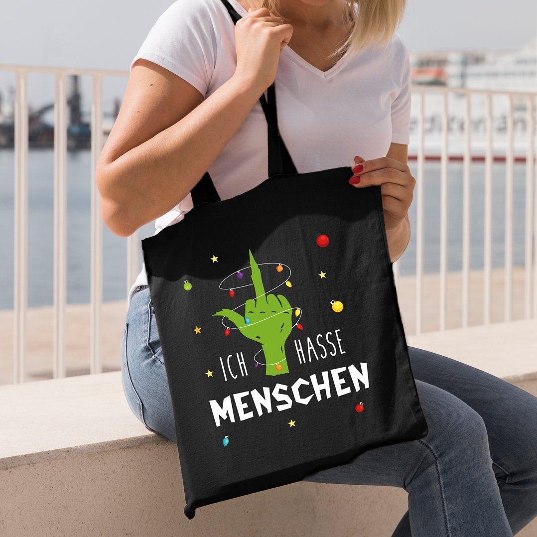 Bild: Baumwolltasche - Grinch - Ich hasse Menschen (Mittelfinger) Geschenkidee