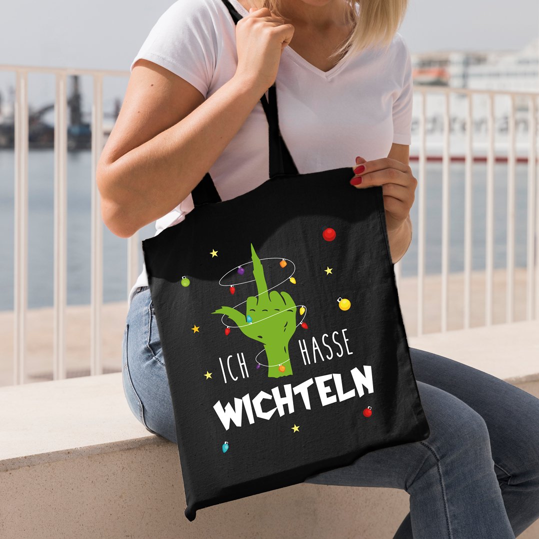 Bild: Baumwolltasche - Grinch - Ich hasse Wichteln (Mittelfinger) Geschenkidee