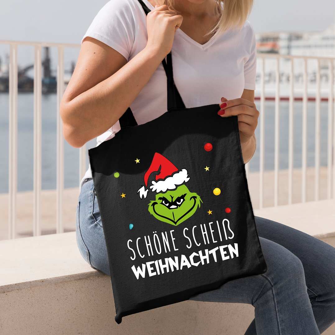 Bild: Baumwolltasche - Grinch - Schöne scheiß Weihnachten (Gesicht) Geschenkidee