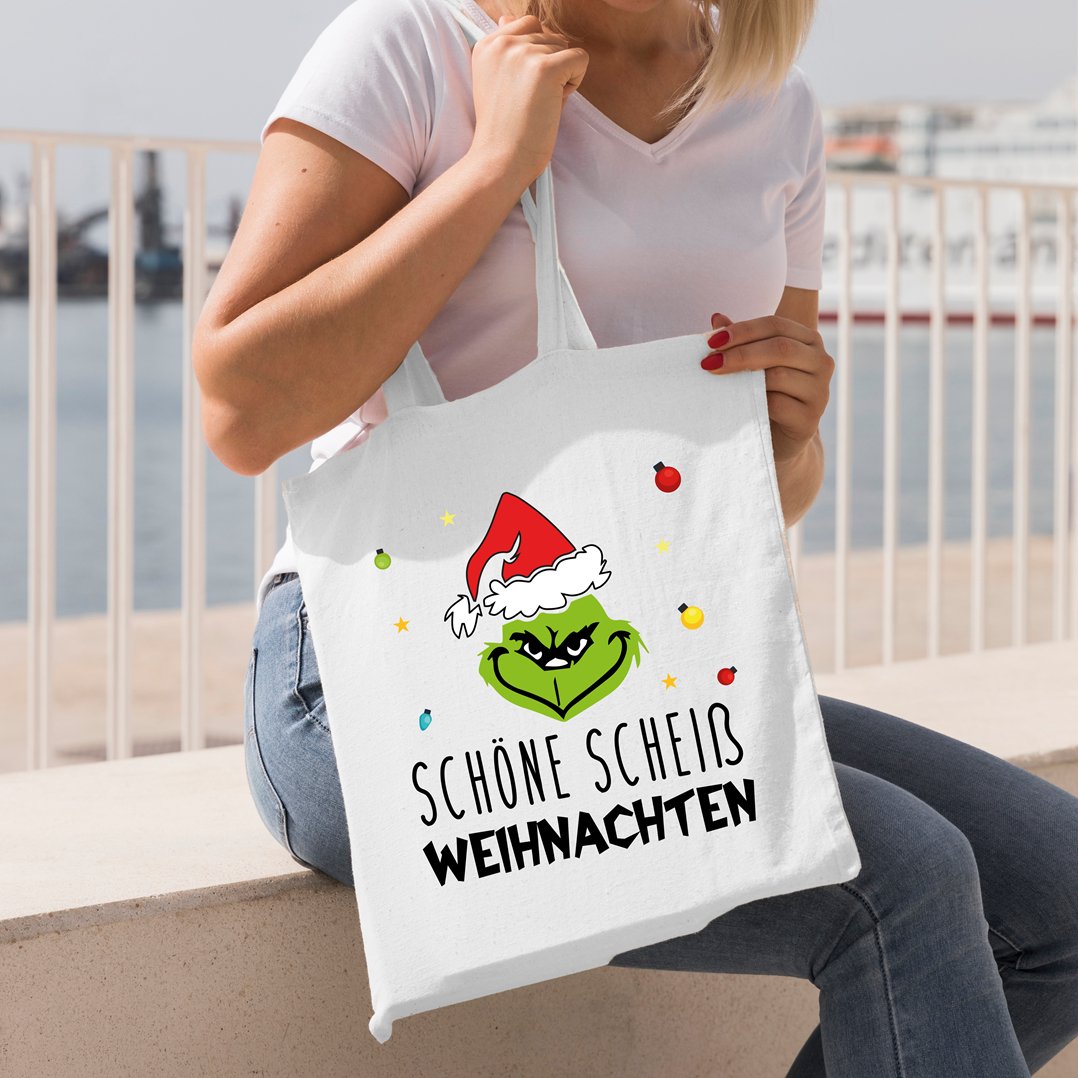 Bild: Baumwolltasche - Grinch - Schöne scheiß Weihnachten (Gesicht) Geschenkidee