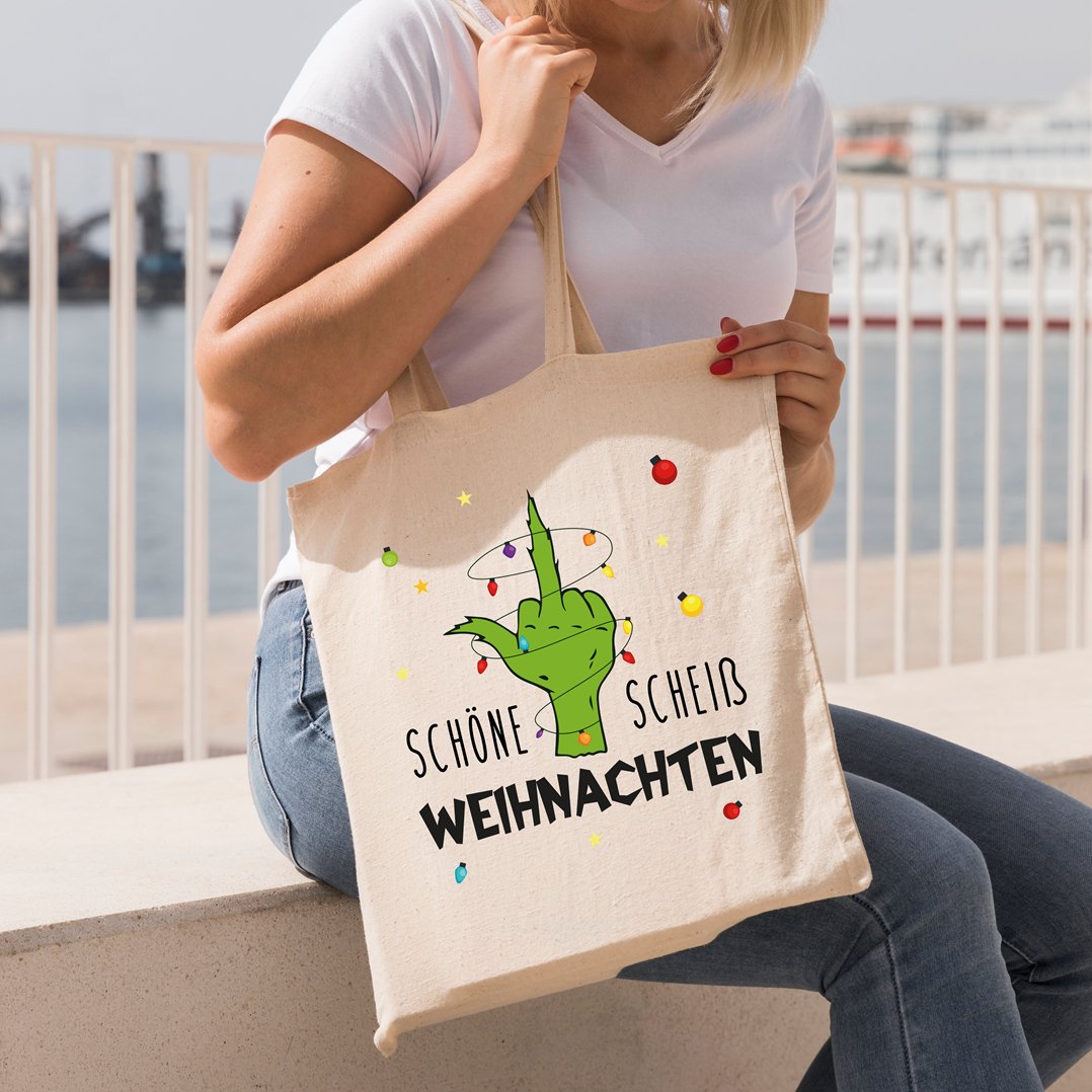 Bild: Baumwolltasche - Grinch - Schöne scheiß Weihnachten (Mittelfinger) Geschenkidee