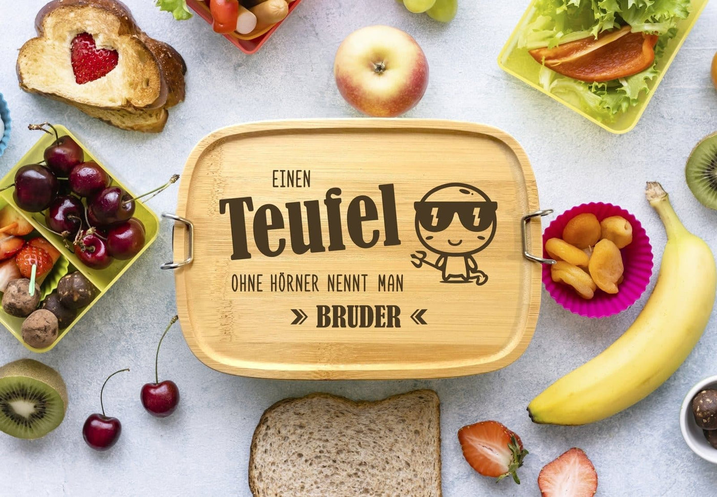 Bild: Brotdose - Einen Teufel ohne Hörner nennt man Bruder - Edelstahl mit Bambusdeckel Geschenkidee