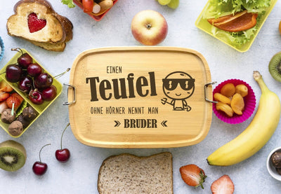 Bild: Brotdose - Einen Teufel ohne Hörner nennt man Bruder - Edelstahl mit Bambusdeckel Geschenkidee