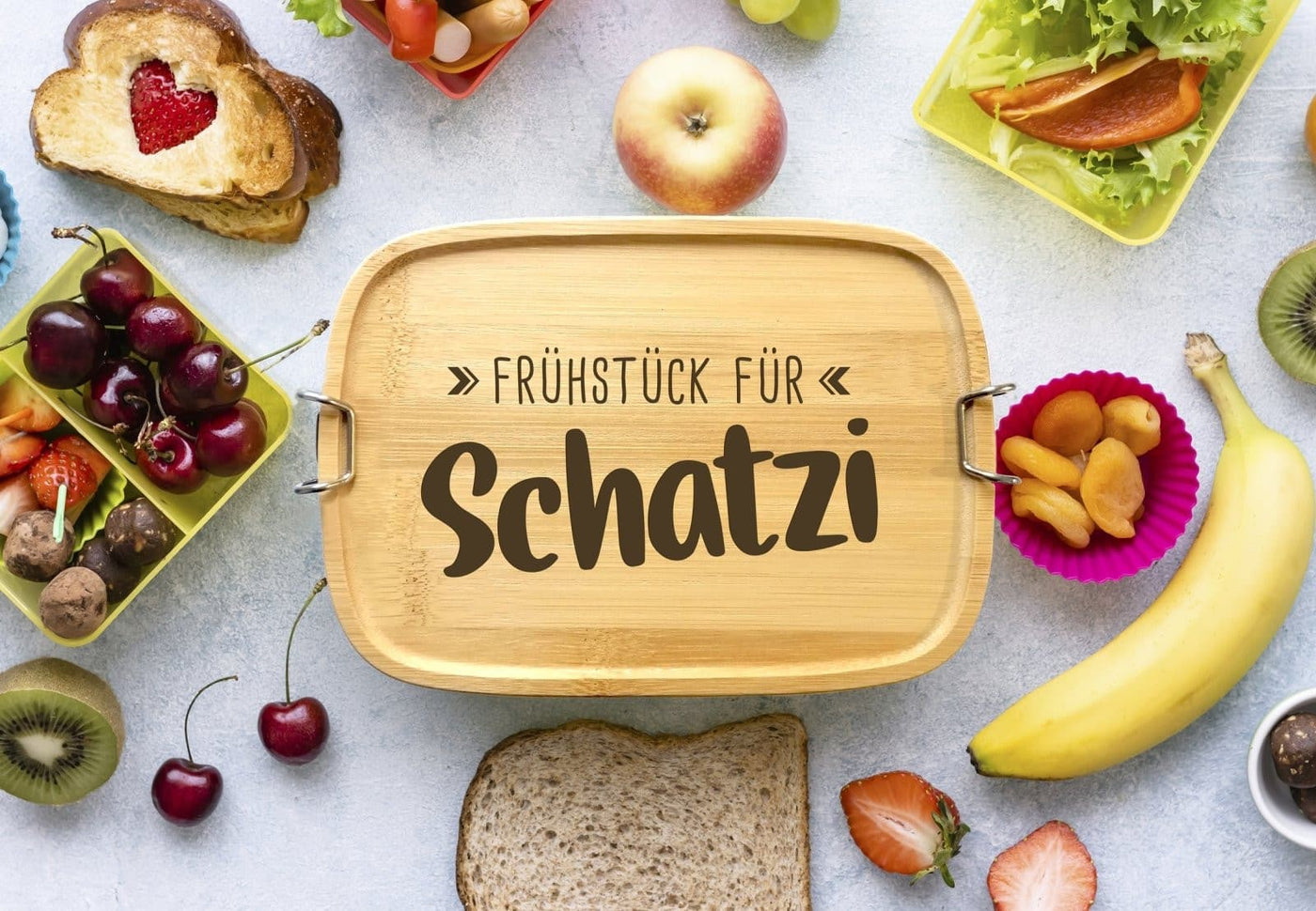 Bild: Brotdose - Frühstück für Schatzi - Edelstahl mit Bambusdeckel Geschenkidee