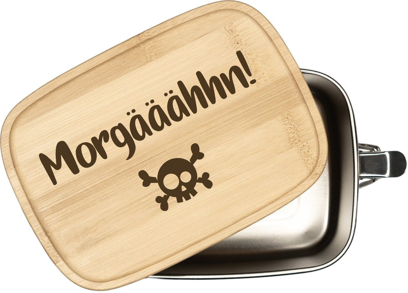 Bild: Brotdose - Morgääähhn! Totenkopf - Edelstahl mit Bambusdeckel Geschenkidee