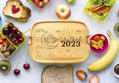 Bild: Brotdose - Schulkind 2023 (Einhorn) - Edelstahl mit Bambusdeckel Geschenkidee
