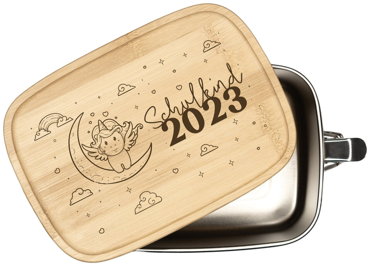 Bild: Brotdose - Schulkind 2023 (Einhorn) - Edelstahl mit Bambusdeckel Geschenkidee