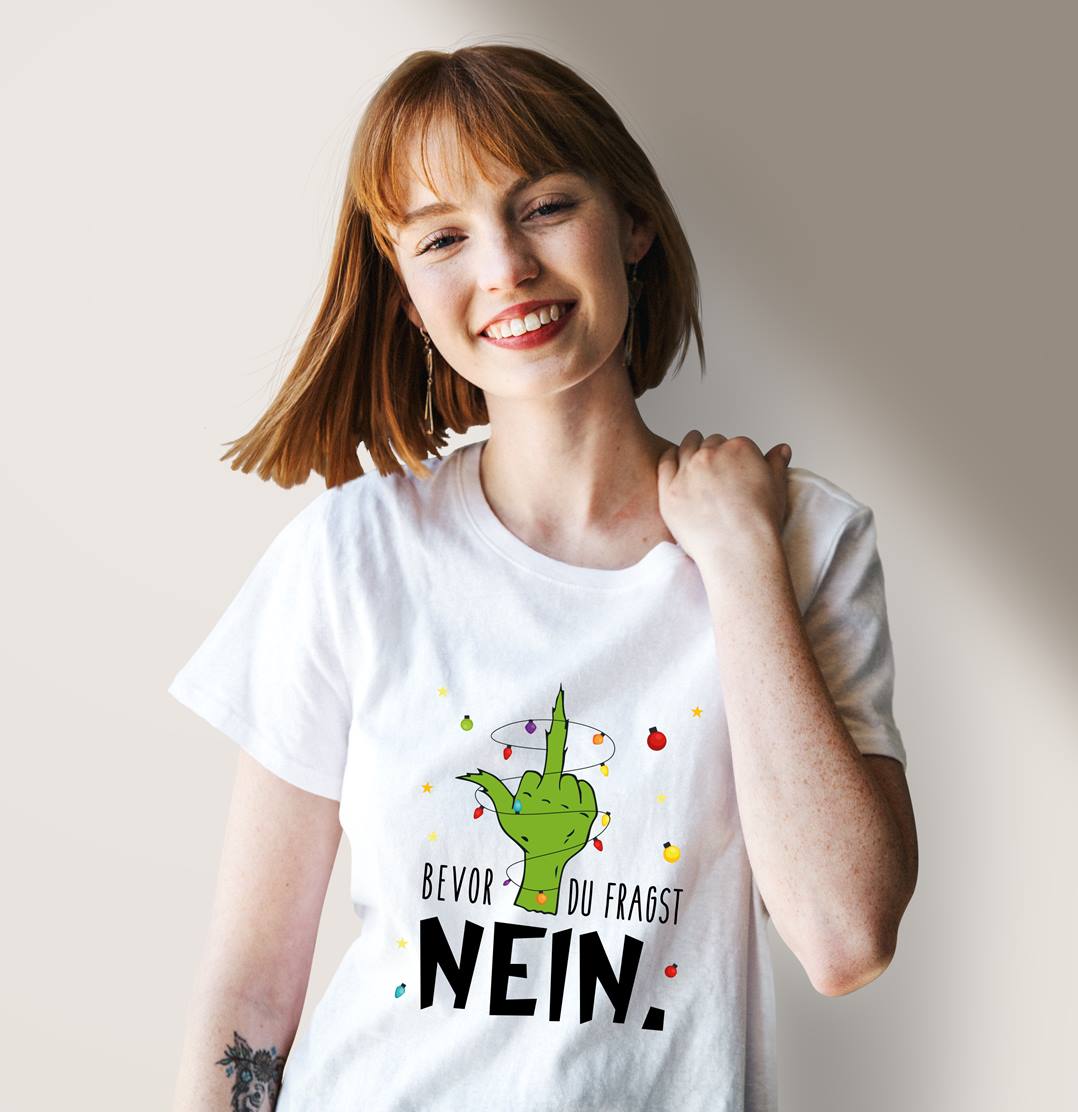 Bild: T-Shirt Damen - Grinch - Bevor du fragst NEIN. (Mittelfinger) Geschenkidee