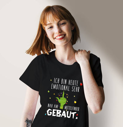 Bild: T-Shirt Damen - Grinch - Ich bin heute emotional sehr nah am Mittelfinger gebaut. Geschenkidee