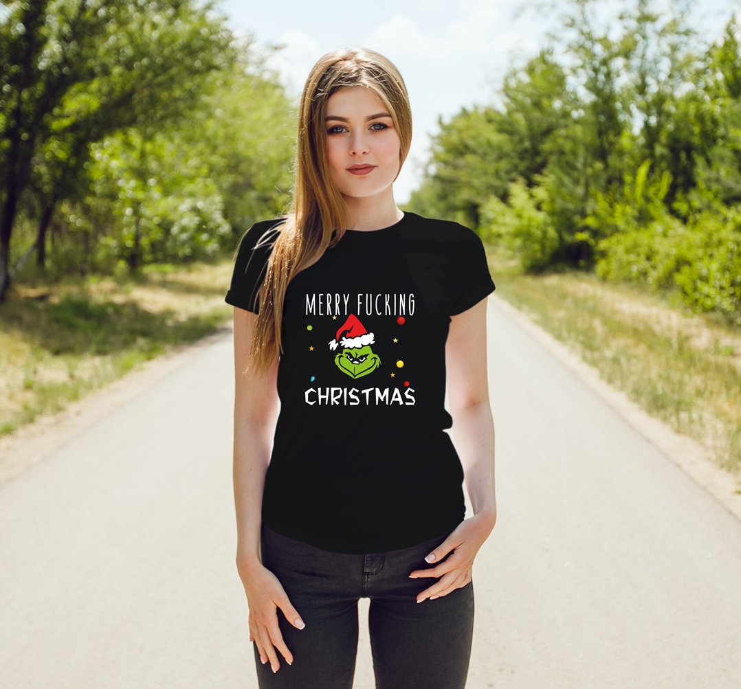 Bild: T-Shirt Damen - Grinch - Merry fucking Christmas (Gesicht) Geschenkidee