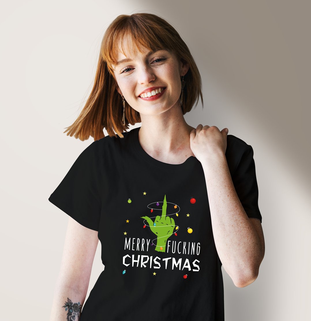 Bild: T-Shirt Damen - Grinch - Merry fucking Christmas (Mittelfinger) Geschenkidee