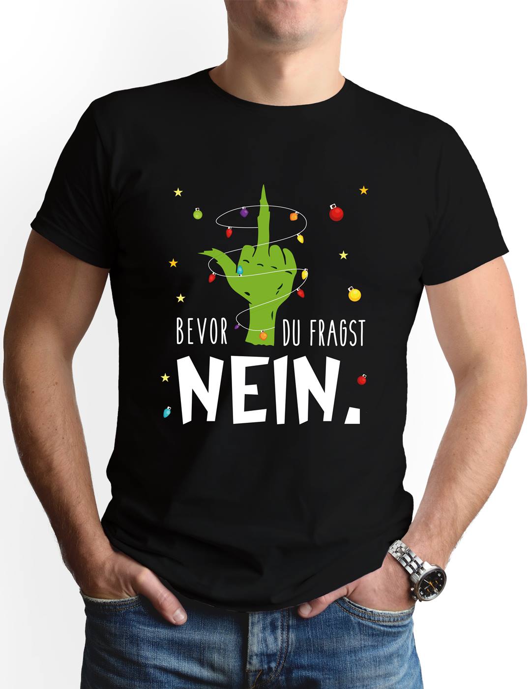Bild: T-Shirt Herren - Grinch - Bevor du fragst NEIN. (Mittelfinger) Geschenkidee