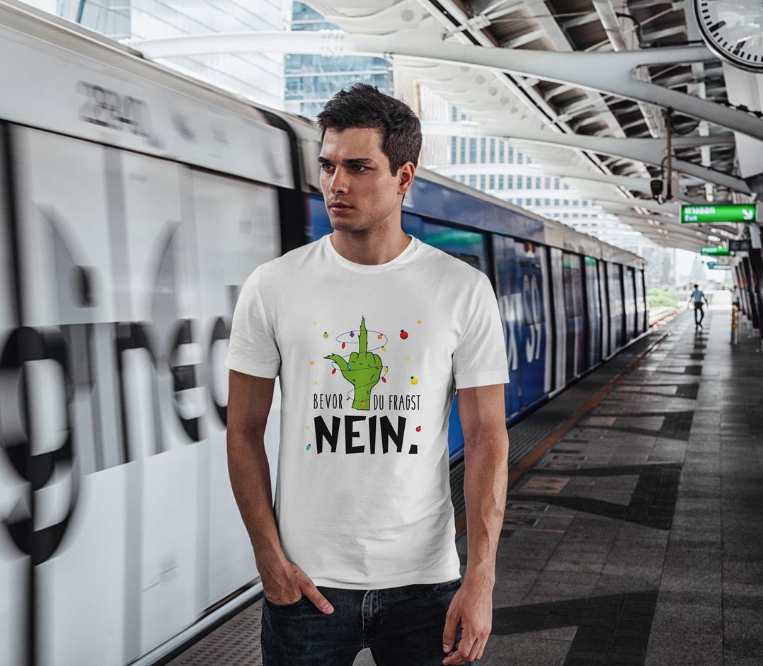 Bild: T-Shirt Herren - Grinch - Bevor du fragst NEIN. (Mittelfinger) Geschenkidee