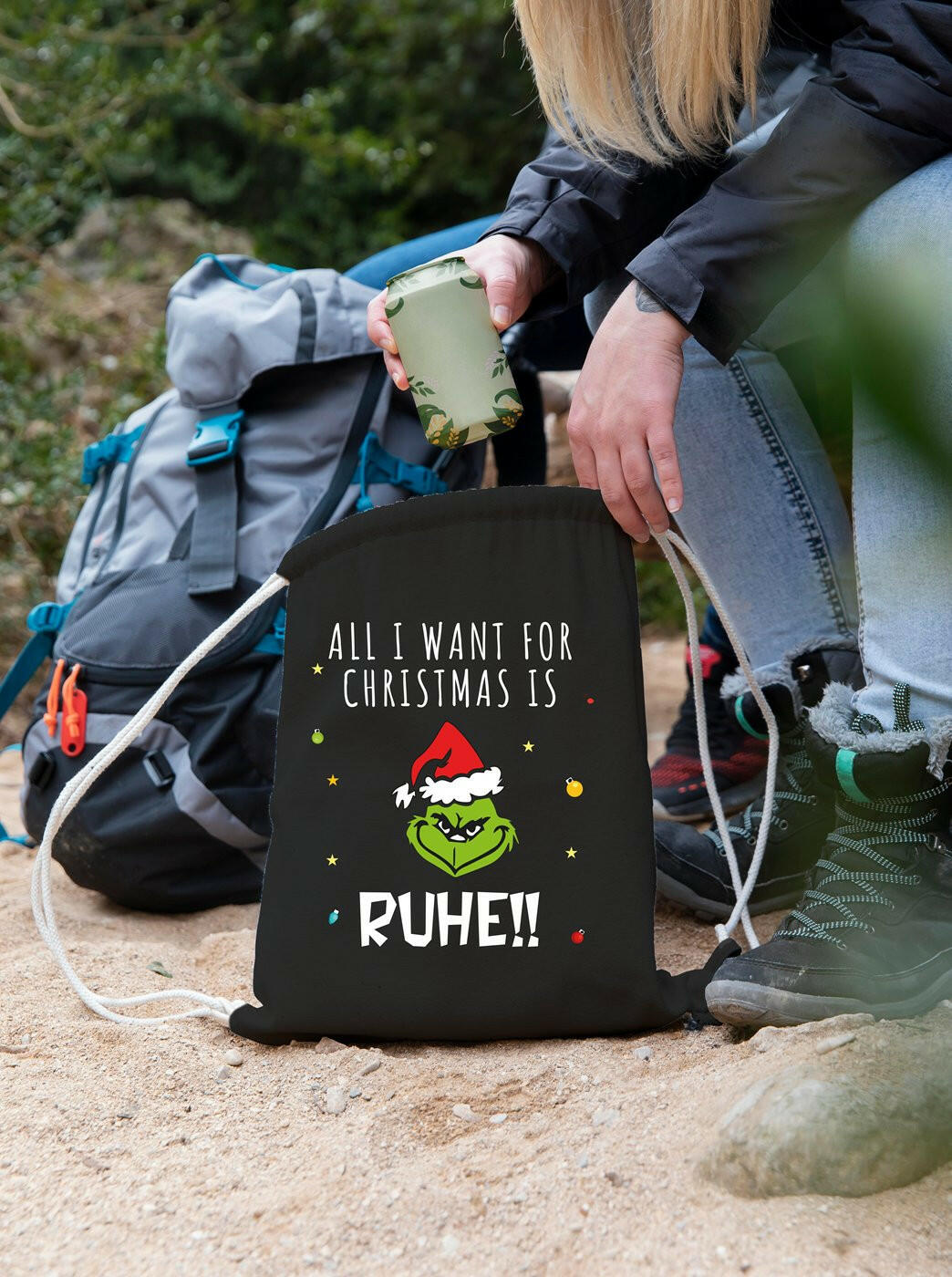 Bild: Turnbeutel - Grinch - All I want for Christmas is Ruhe! (Gesicht) Geschenkidee