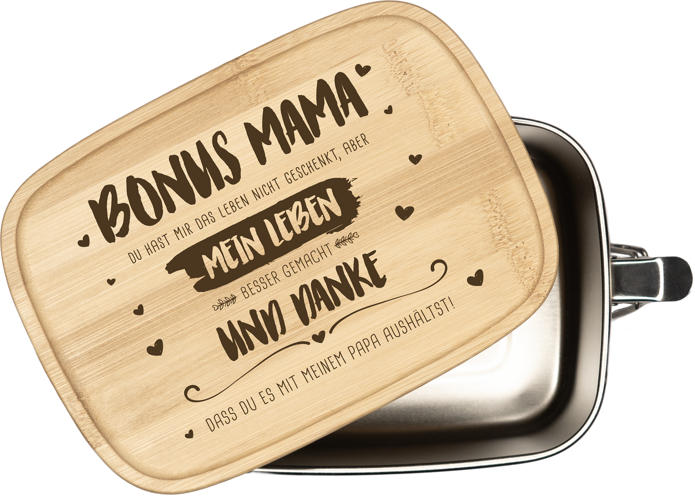 Brotdose - Bonus Mama, du hast mein Leben besser gemacht - Edelstahl mit Bambusdeckel