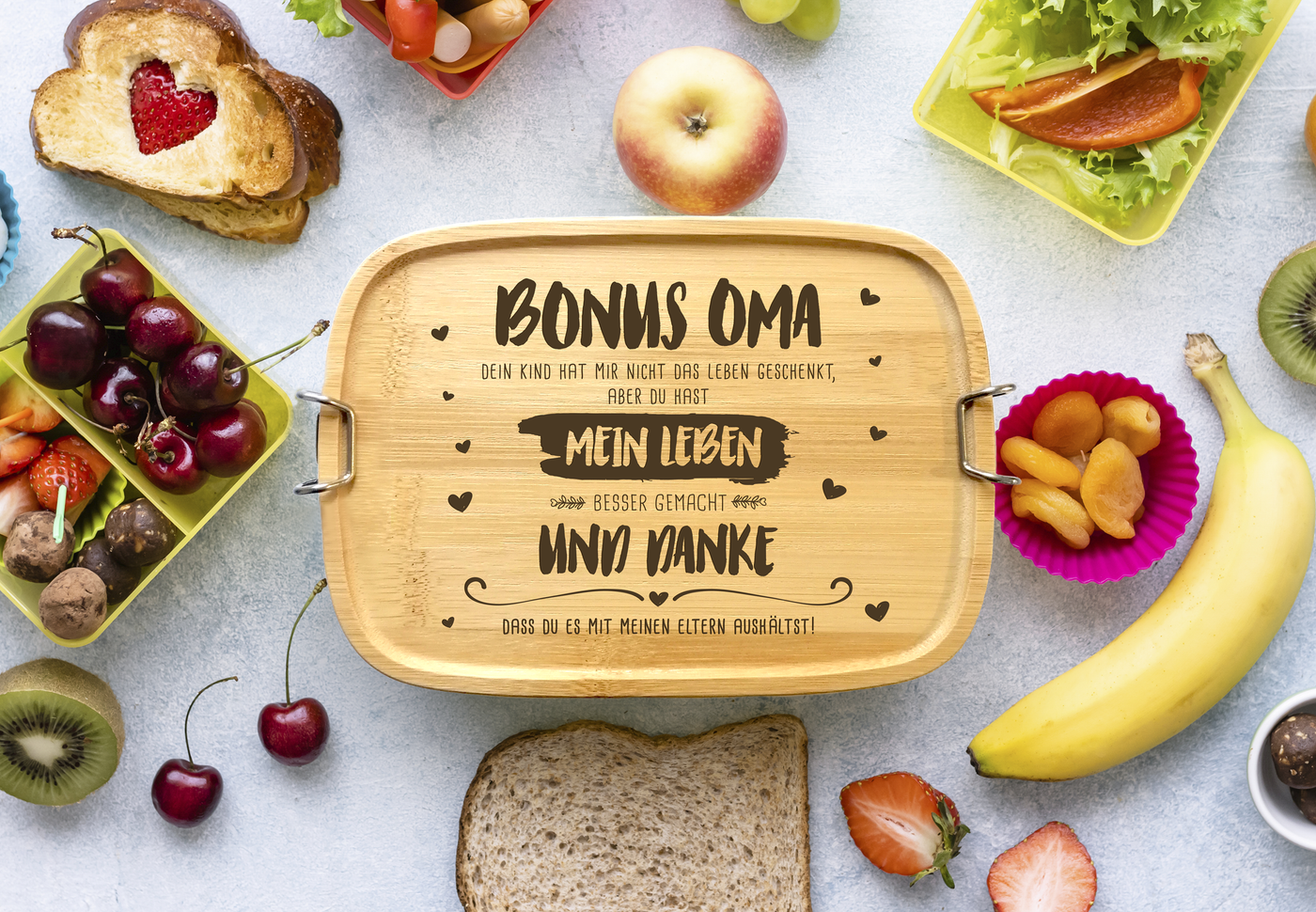 Brotdose - Bonus Oma, du hast mein Leben besser gemacht - Edelstahl mit Bambusdeckel