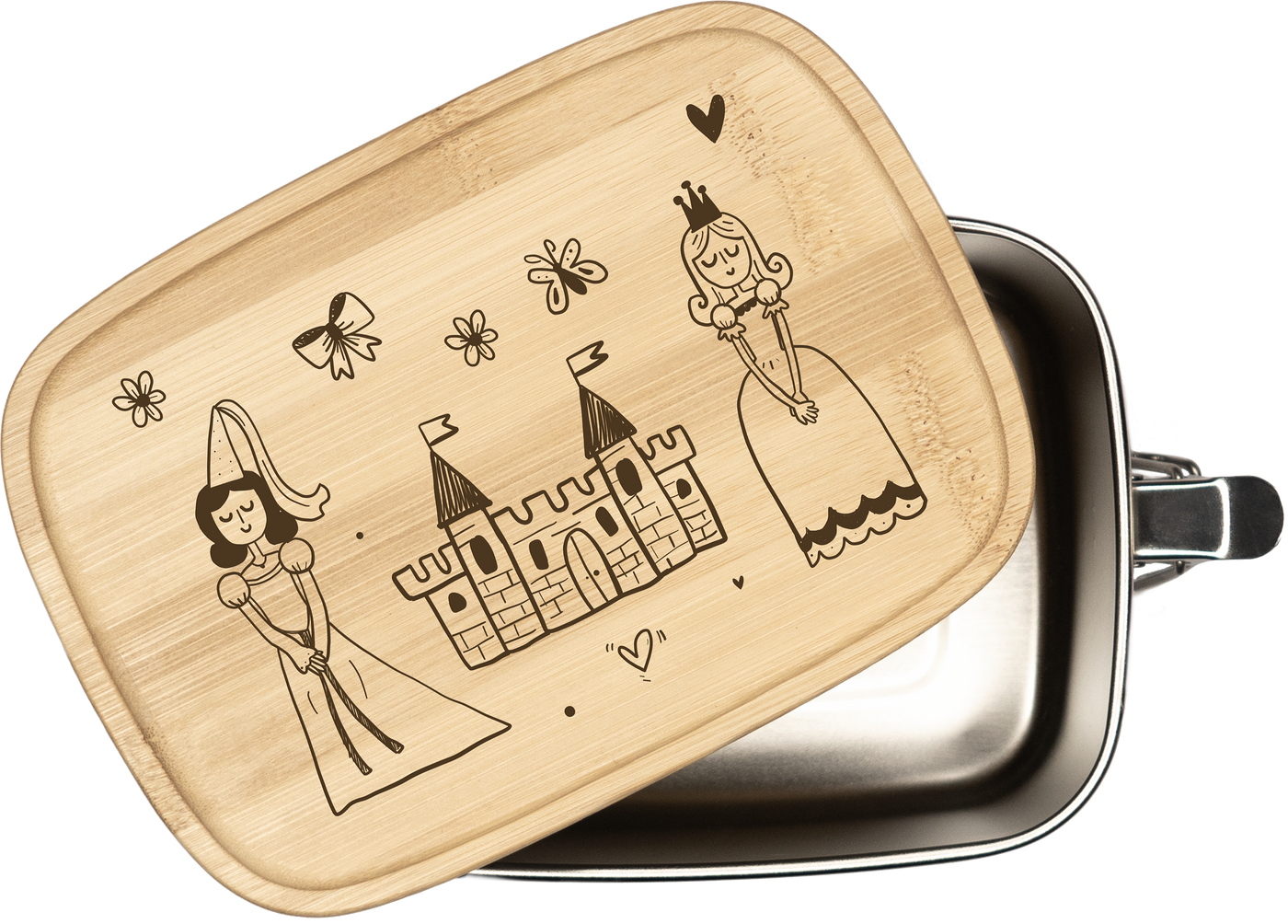 Brotdose - Prinzessinnen mit Schloss - Edelstahl mit Bambusdeckel