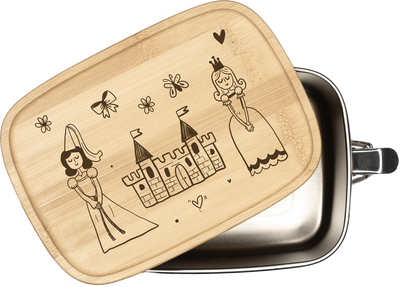 Brotdose - Prinzessinnen mit Schloss - Edelstahl mit Bambusdeckel